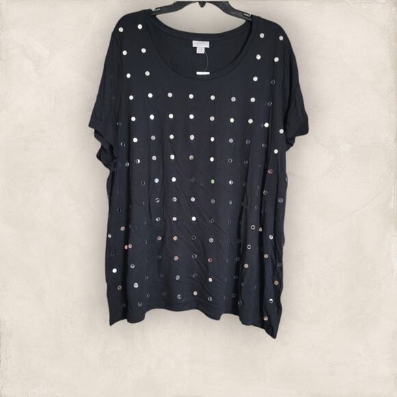 Avenue Tops - Avenue Black Short Sleeve Scoop Neckline Polka Dot Sequin Top Size 26/28